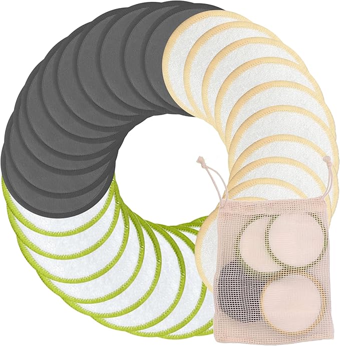 Reusable Makeup Remover Pads - 30 Packs Soft & Washable Bamboo Cotton Rounds, Reusable Face Pads for Skincare & Cleansing, Cotton Rounds with Mesh Bag for Storage