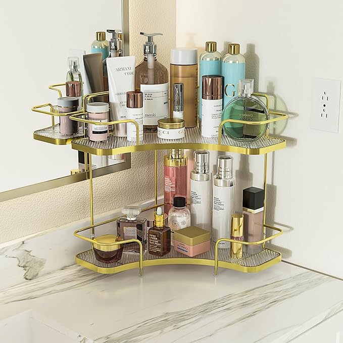 FOLLOWIN 2 Tier Bathroom Corner Countertop Organizer,Make Up Organizers and Storage,Corner Counter Shelf,Skincare Makeup Cosmetic Vanity Lotion Perfume Organizers Holder,Shine Gold