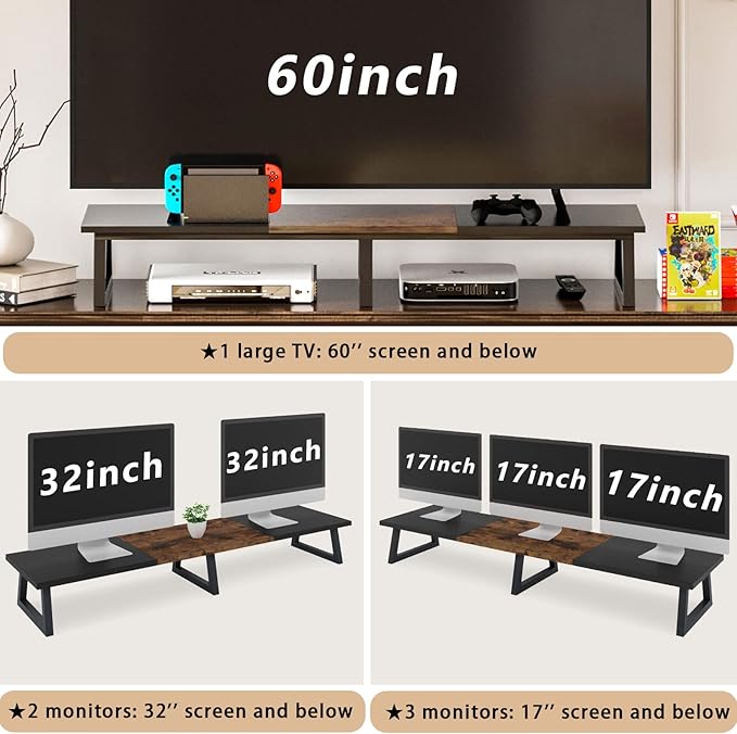 TEAMIX 42 inch Large Dual Monitor Riser, Extra Long Monitor Stand Riser for 2 Monitors, Wood & Steel Desktop Riser Desk Organization Home Office (Black+Brown, 42 inch)