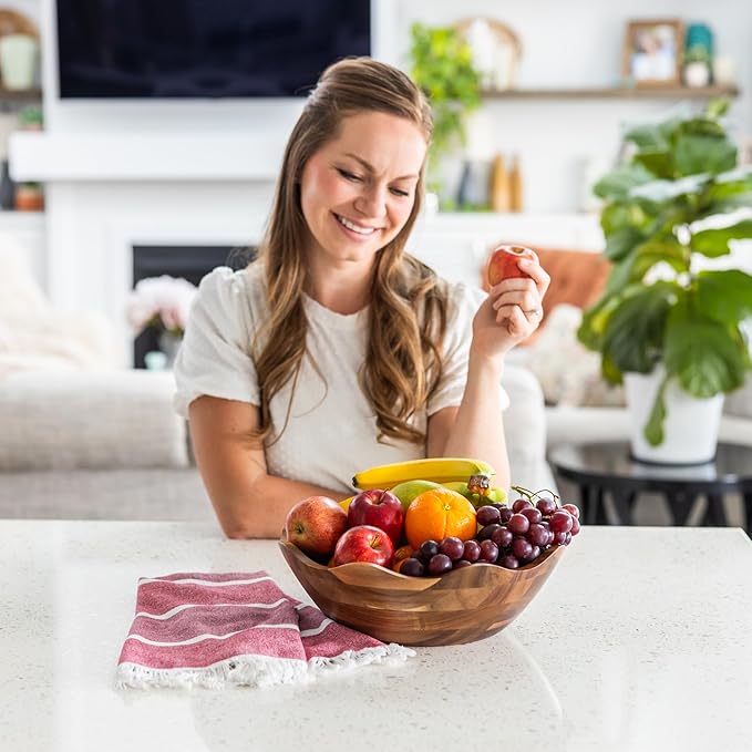 Wood Salad Bowl with Serving Utensils - Large Scalloped Decorative 12" Acacia Wooden Mixing Bowls Set with Spoons - Handcrafted Farmhouse Kitchen Serveware for Fruit, Pasta, Snacks and Home Decor