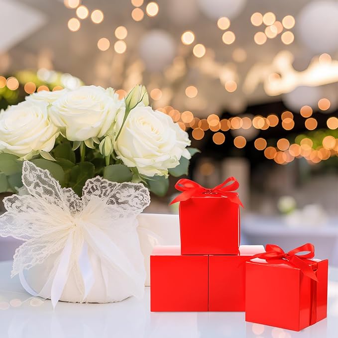 48 Pcs Christmas Gift Boxes with Ribbon Small Party Favor Boxes with Lids Mini Treat Candy Container for Wedding, Party, Birthday, Valentine's Day and More(Red,6 Inch)