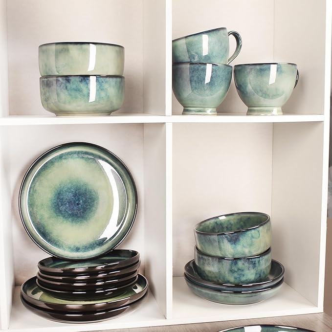 Ceramic Dinnerware (16 pcs) Serve 4 people, Plates and Bowls Sets, Reactive Glaze Dishes Set, Chip Resistant and Scratch Resistant, Dishwasher Microwave Safe, Suitable for dinner, parties