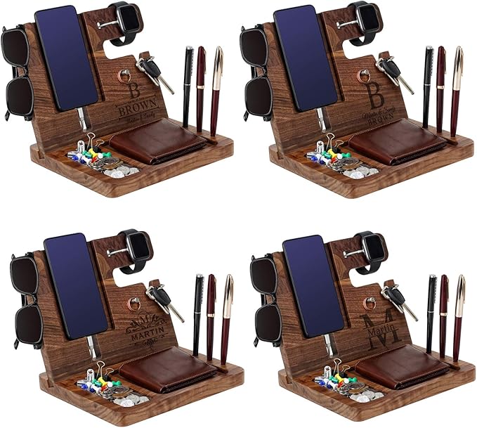 Custom Gift for Son - Wooden Docking Station, Personalized Engraved Desk Organizer, Nightstand Docking Station, Charge Station, Phone Holder, Watch, Glasses, Key, Birthday Graduation Gift (Walnut)
