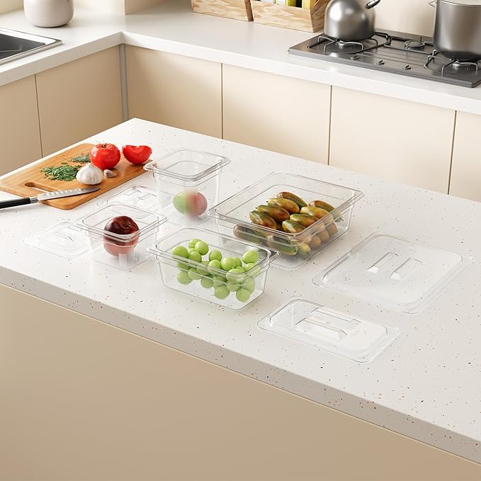 1/6 4'' 12 Pack Plastic Food Pans With Lids, Clear Food Pan, Commercial Stackable Polycarbonate Freezer-Safe for Fruits Vegetables Restaurant Kitchen