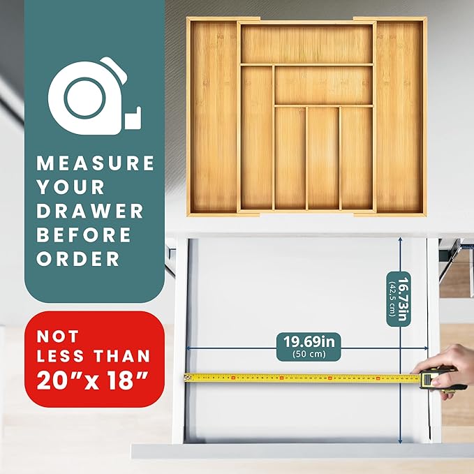 Sben Expandable Drawer Organizer for Utensils Holder, Adjustable Cutlery Tray, Wood Drawer Dividers Organizer for Silverware, Flatware, Knives for Kitchen (Bamboo)