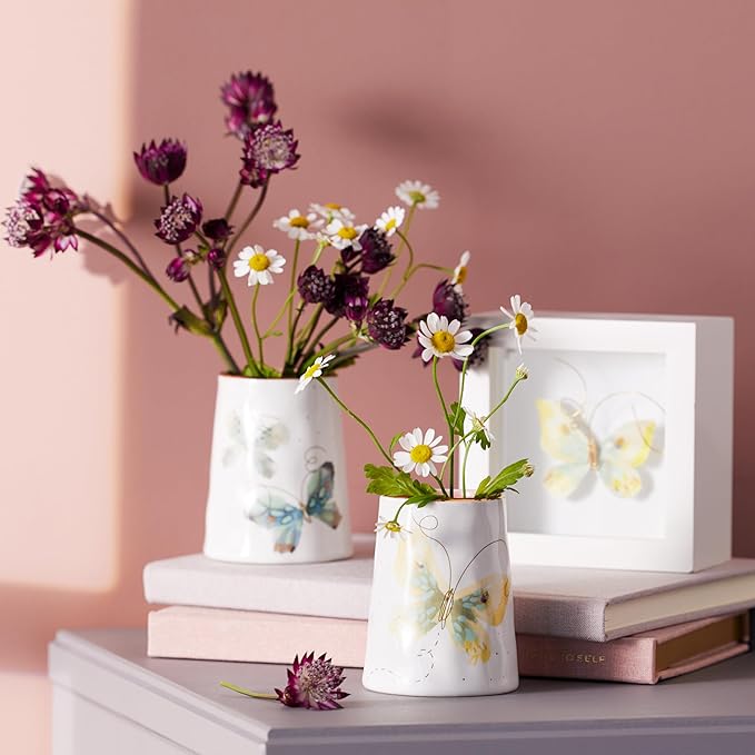 DEMDACO Elisabeth Hays Collection Everyday Watercolor Soft Blue Duo Butterfly Picked with Love Blue Round 2 x 3 Stoneware Petite Decorative Bud Vase for Single Stems, Small Flowers & Home Decor