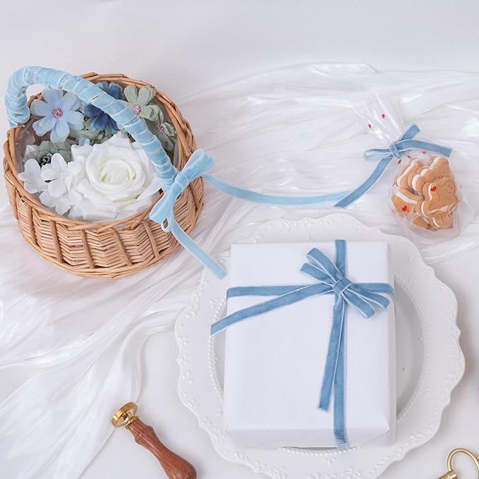 Vintage Sky Blue Velvet Ribbon Christmas Ribbon for Gift Wrapping Crafts Christmas Tree Ornaments Garland Decorations, 3/8 Inch X 25Yd