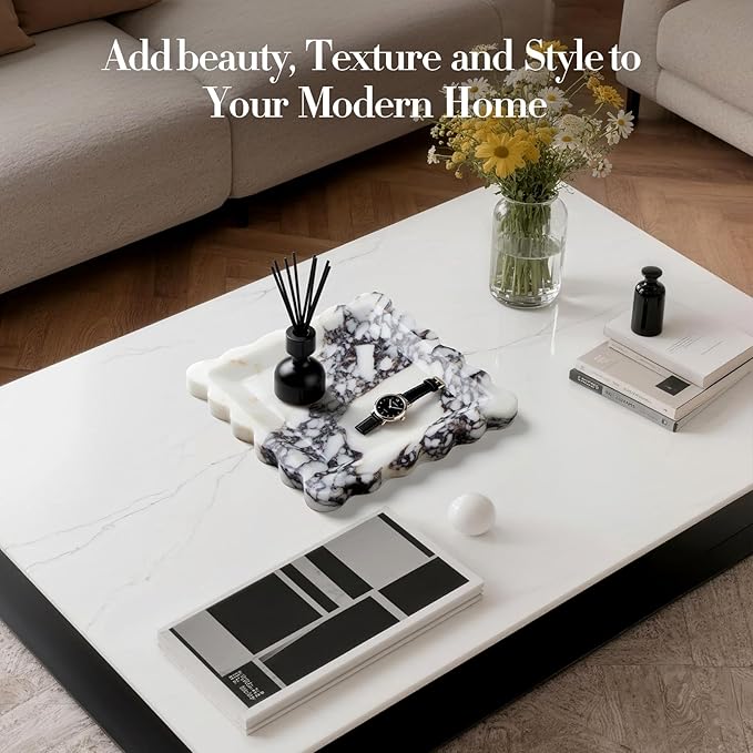 Calacatta Viola Natural Marble Tray, Scalloped Storage Dish, Luxury Decorative Trays for Bathroom, Vanity, Dresser, Kitchen & Home Decor, House Warming Gifts New Home (Square,8 Inch)