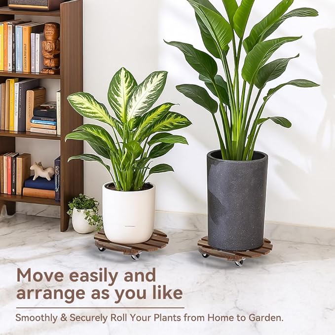 2 Pack Plant Stand Indoor and Outdoor, 12IN Premium Wooden Plant Caddy with Wheels, Heavy Duty Plant Stands with 360° Lockable Wheels, Classic Plant Cart