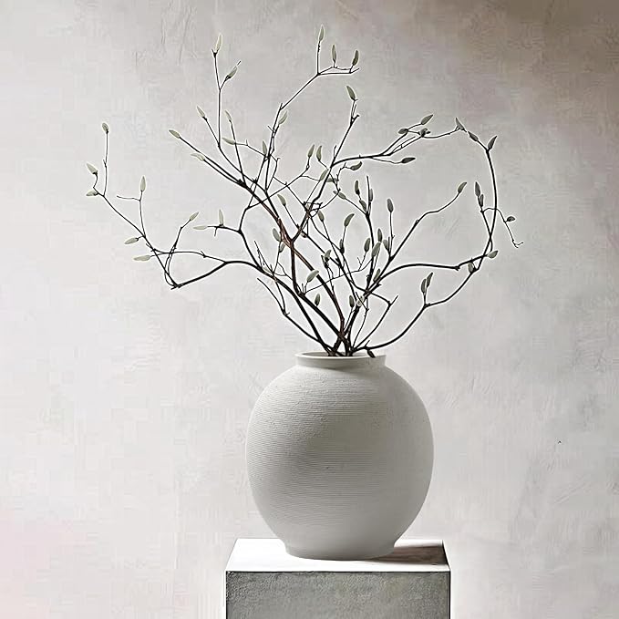 Large White Ceramic Vase, 10.8 inch Round Minimalist Textured Vase, Rustic Farmhouse Decor for Home, Living Room, Shelf, Table, Wedding & Entryway Decoration (Sandstone White)