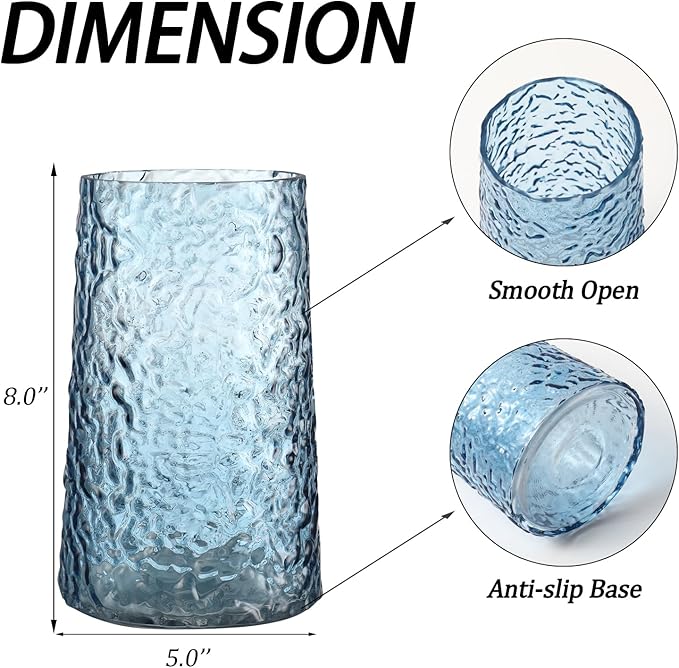 Blue Glass Vase, Flower Vases for Bouquet, Modern Glass Vase for Flowers, Large Vases for Living Room, Bedroom, Kitchen, Office, Wedding, Dining Table, 8 Inches