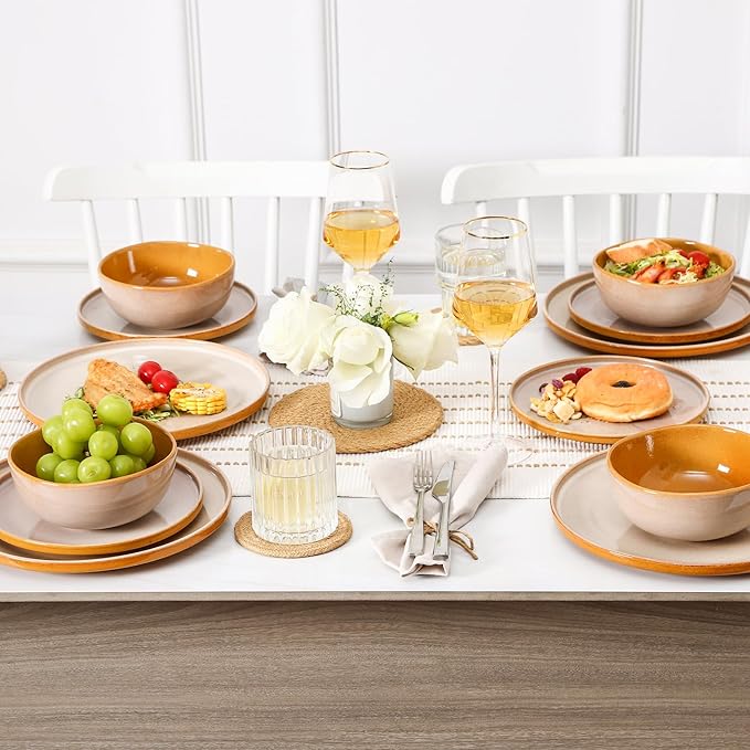 Vicrays Ceramic 12 Pieces Dinnerware Set - Dinner Plates Salad Plates Cereal Bowls Set Service for 4 - Scratch Resistant Microwave Oven Dishwasher Safe - Beige