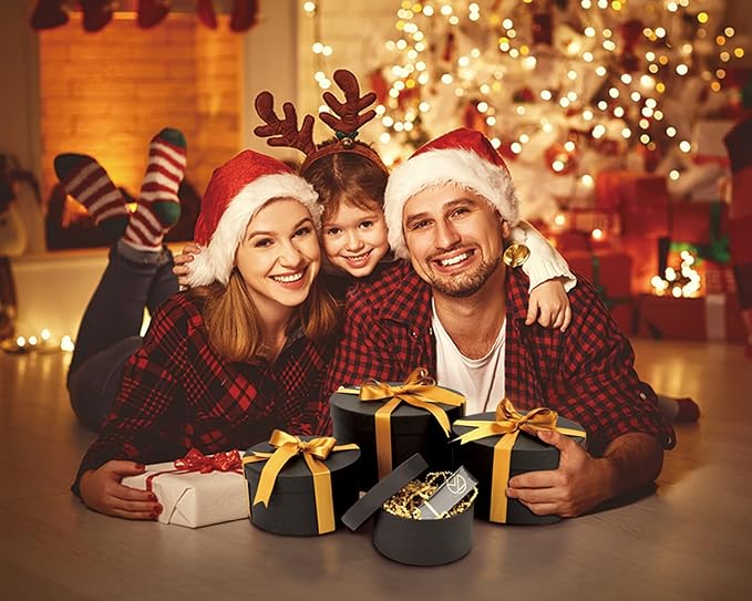 Bengnkes Round Gift Box Black Gift Boxes with Lids for Presents 4 Packs Luxury Nesting Gift Boxes Small with 17ft Ribbon for Bridesmaid Valentines Mother's day Graduation