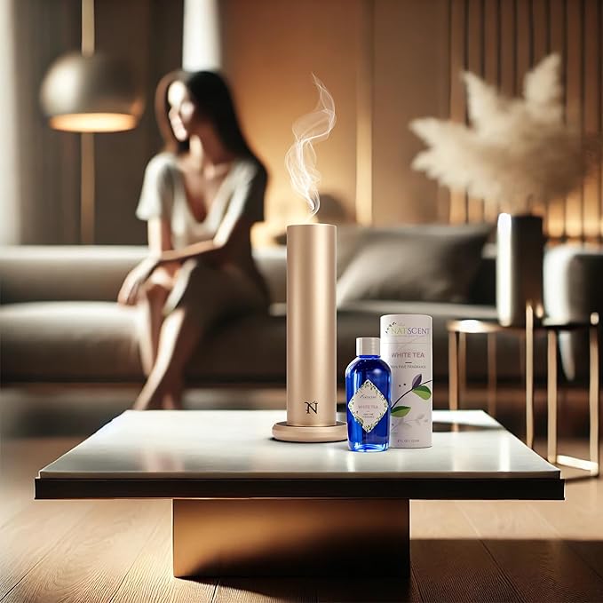 Dynamo Hotel Scent Diffuser – Cold-Air Essential Oil Diffuser for Home & Large Rooms up to 1000 sq ft, App & Manual Control, Hypoallergenic, Includes White Tea Fragrance Sample – Gold