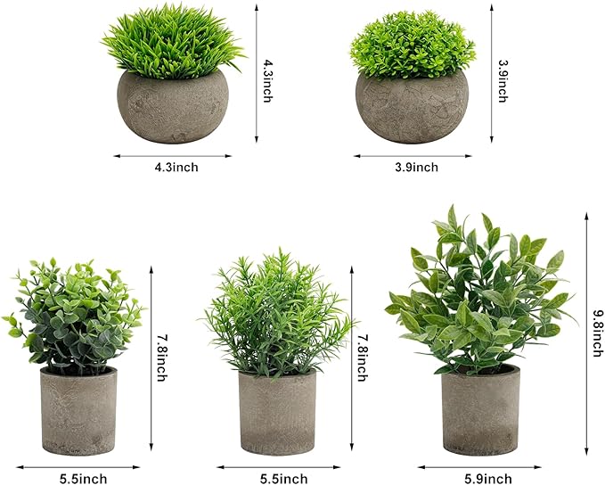 Artificial Potted Plants Faux Greenery in Cement Pots for Shelf, Bookshelf, Office or Home Decor, Small Decorative Fake Plants for Modern Indoor Display