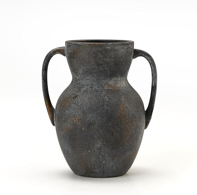 Antique Ceramic Rustic Vase with 2 Handles, Farmhouse Round Flower Vase, Vintage Terracotta Vases for Home Decor, Wedding, Living Room, Table, Shelf Decor - 8.6 Inch Tall, Black Bronze