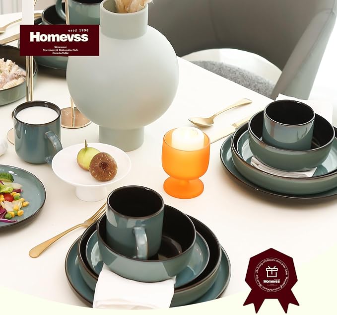 HomeVSS 20-Piece Dinnerware Set - Serves 4, Reactive Glaze Green Plates & Bowls Set | Microwave & Dishwasher Safe Dishes Set