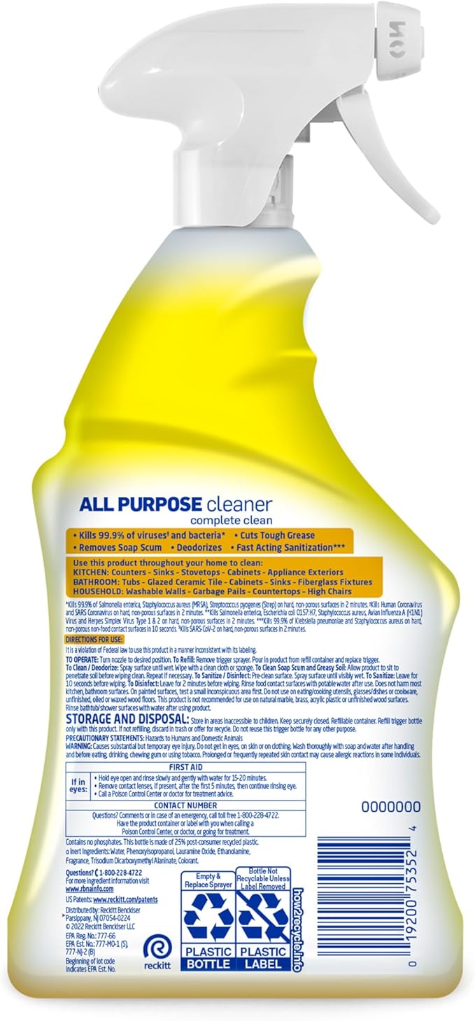 Lysol All Purpose Cleaner Spray, Multi-Purpose Disinfecting Spray, Kitchen & Bathroom Cleaner, Lemon Breeze Scent, 32 Fl Oz (Pack of 2)
