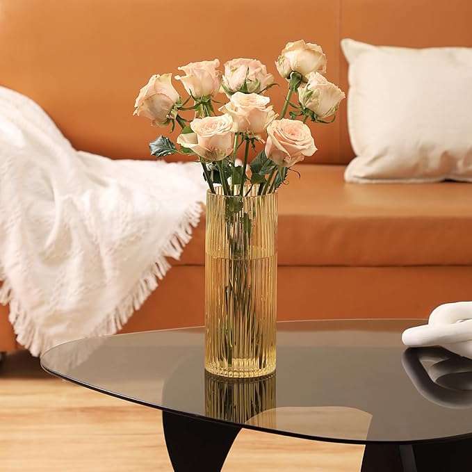 Amber Glass Vase for Flowers, Ribbed Glass Vases, Tall Glass Vases for Tulips, Modern Glass Vase for Living Room, Dining Table, Office, Wedding, Bookshelf, 12 Inches
