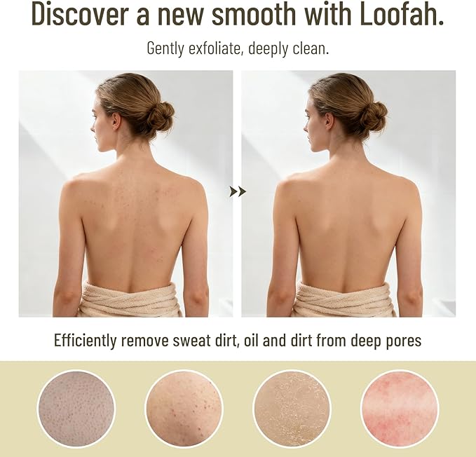 Natural Loofah Back Scrubber, Double-Sided Exfoliating Body Scrubber with Handy Strap for Deep Cleaning, Durable Bath Shower Luffa Sponges for Men and Women (Beige)