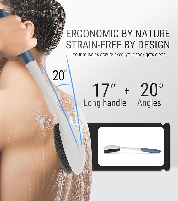 surlees Back Brush for Shower for Men & Women 17" | Body Brush for Wet & Dry Brushing | Exfoliating Body Scrubber & Back Scrubber | Shower Brush with Long Handle (Gray, Scrub Force 6-8)