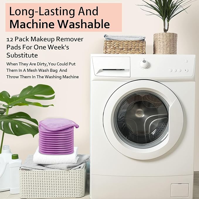 HOMEXCEL Makeup Remover Cloth 12 Count (Pack of 1), Reusable Makeup Remover Pads, Washable Ultra Soft Facial Cleansing Cloths For All Skin Types, 5 X 5 In, Purple