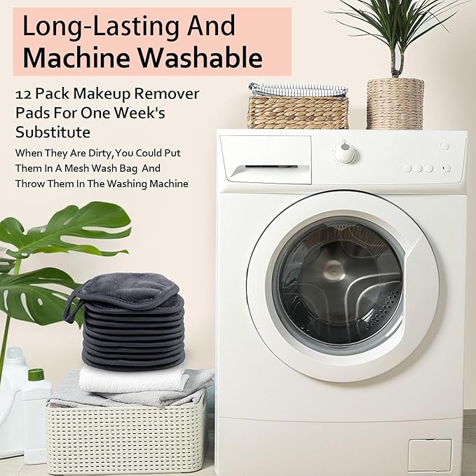 HOMEXCEL Makeup Remover Cloth 12 Count (Pack of 1), Reusable Makeup Remover Pads, Washable Ultra Soft Facial Cleansing Cloths For All Skin Types, 5 X 5 In, Black