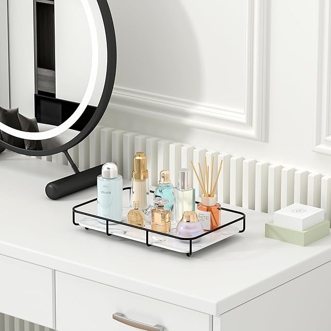 Vanity Tray Makeup Organizer Cosmetics Storage Bathroom Skincare Organizer Countertop Display Rack in Dresser Stainless Steel Shelf Marble Print Ceramic Trays