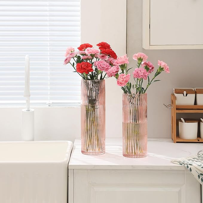 Pink Glass Vase, Glass Flower Vases, Ribbed Vase, Pink Vase, Tall Cylinder Glass Vases for Living Room, Bedroom, Dining Table, Office, Wedding, Bookshelf Decoration, 12 Inches