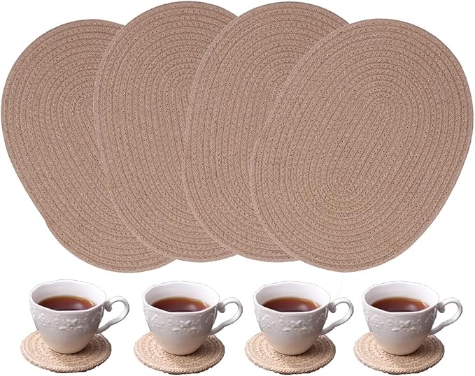 4 Pack Oval Jute Woven Placemats and Set of 4 Round Fabric Coasters, Cotton Braided Placemats Set, Dining Table Mat, Heat-Resistant Pot Holders, Washable Place Mats