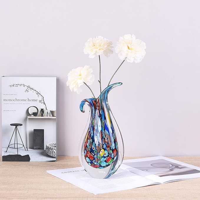 Hand Blown Glass Vase for Centerpiece, Murano Style Table Decoration, Blue Blown Art Glass Ellipse Flower Vase, Single Stem Beautiful Decor for Home, Beachy Room Decor for Home Shelf