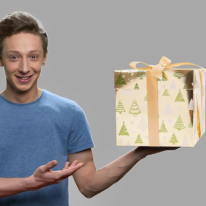 Jaywayang 5 Pack Gold Christmas Gift Boxes with Lids, Ribbons and Tissue Papers Square Gift Boxes - 7.1 Inch - Presents Wrapping Christmas Gift Holiday New Year Party Favor Boxes.