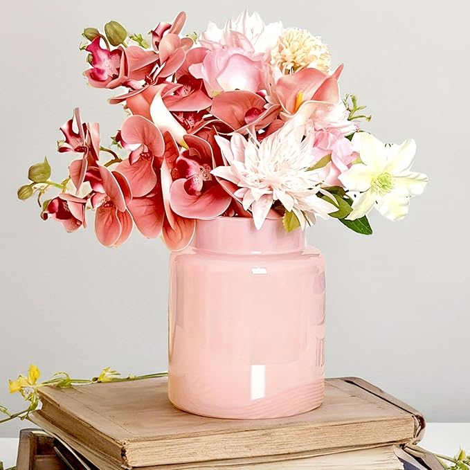 BLOFLO Pink Glass Vase, 7 Inch Large Glass Vase for Flowers, Modern Thick Glass Flower Vases for Centerpieces, Decorative Glass Cylinder Hydroponic Vase for Wedding, Home, Office (Pink, 7Inch)
