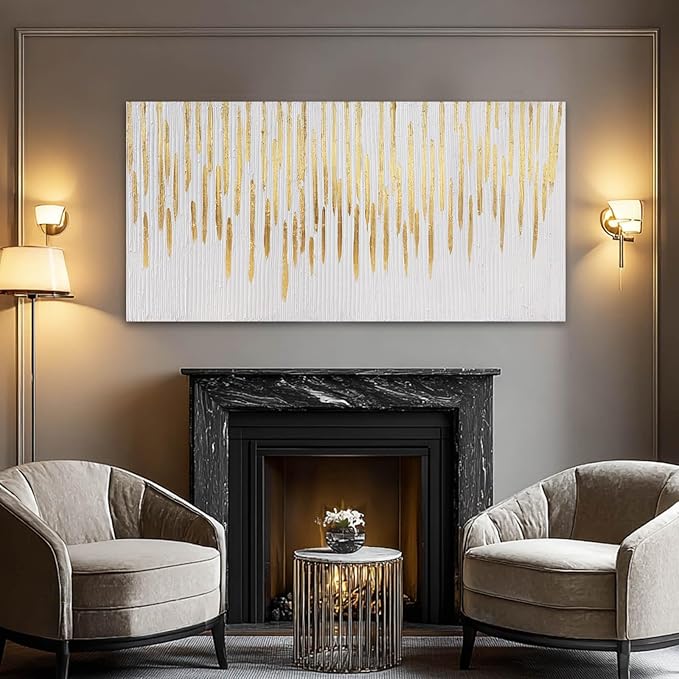 YJYart Gold Wall Decor Abstract Wall Art for Living Room White Canvas Pictures Artwork for Gallery Hotel 24"x48"