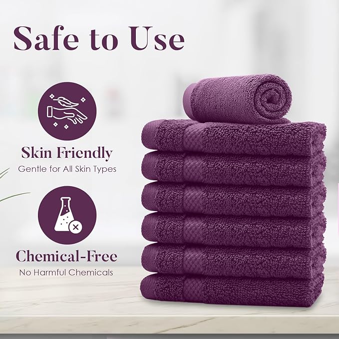 DAN RIVER 12-Pack Premium 100% Cotton Purple Passion Face Towels – Reusable Face Towel Set, Soft & Absorbent Rags for Bathroom & Body – Hand and Face Towels, 550 GSM (12x12 in)