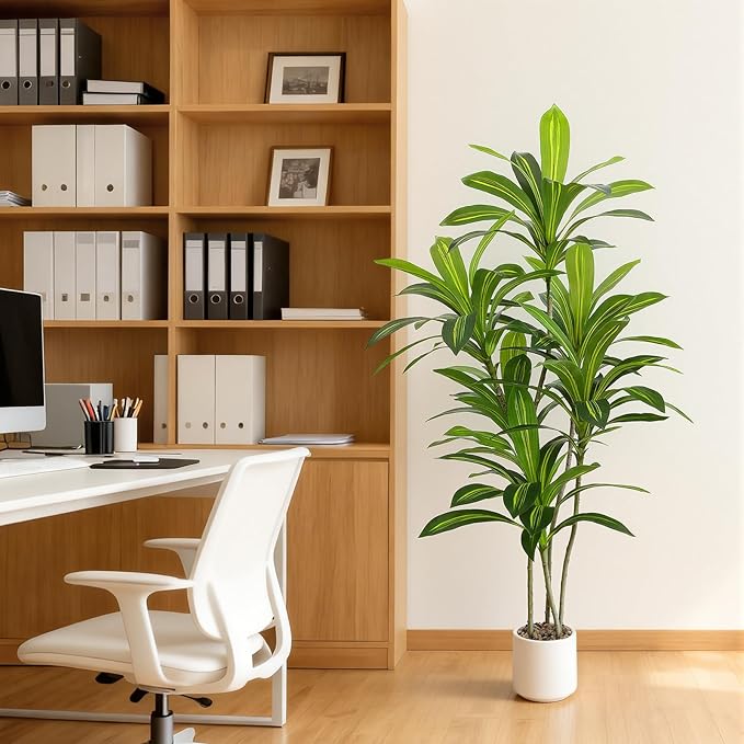 5FT Artificial Dracaena Tree, Faux Dracaena Plant with Stones in White Round Planter, Tall Fake Floor Plant for Indoor Home Office Living Room Decor