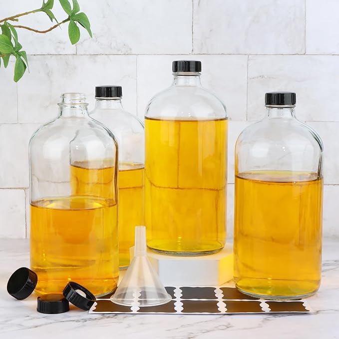 4 Pack 32 oz Clear Boston Round Glass Bottles with Black Caps for Secondary Kombucha Fermentation and Lab Chemicals (1 Funnel and 10 Pieces Black Chalkboard Labels Included)