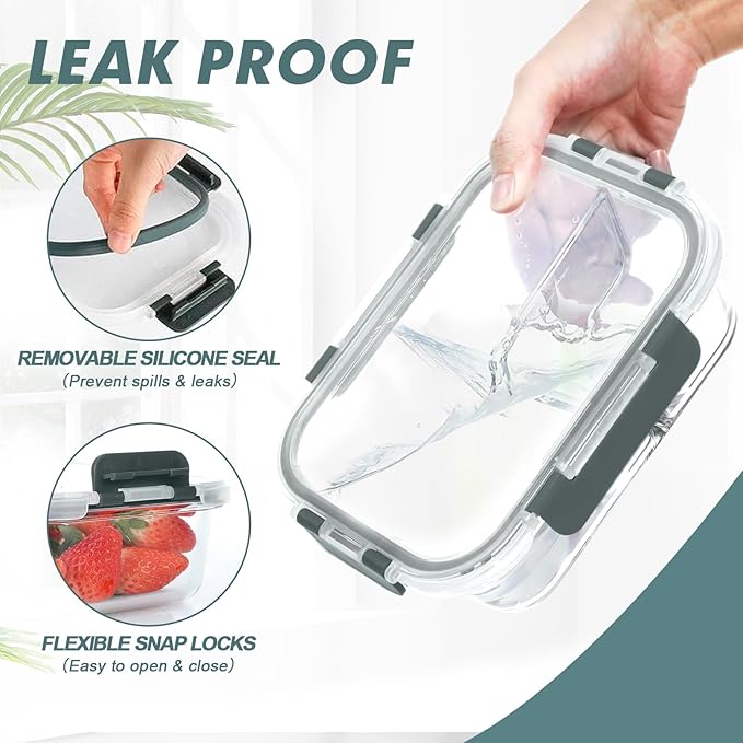 KOMUEE Glass Meal Prep Containers 3 Compartments, 5 Pack 36 oz, Glass Food Storage Containers with Lids, Airtight Lunch Bento Box, Portion Control, Freezer and Microwave Safe