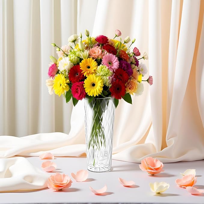 Clear Acrylic Ribbed Vase Wide Flower Plastic Vases for Centerpieces Mouth Vase Pot Container Large Cylinder Decorative Display Tulips Wide for Home Wedding Party Table Home Shatter-Proof