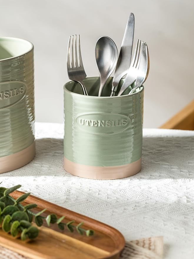 YHOSSEUN Kitchen Utensil Holder, 6.7"+5.1" Ceramic Utensil Holder for Kitchen Counter, Oval Cooking Utensil Crocks for Countertop, Utensil Storage Organizer Set of 2, Green