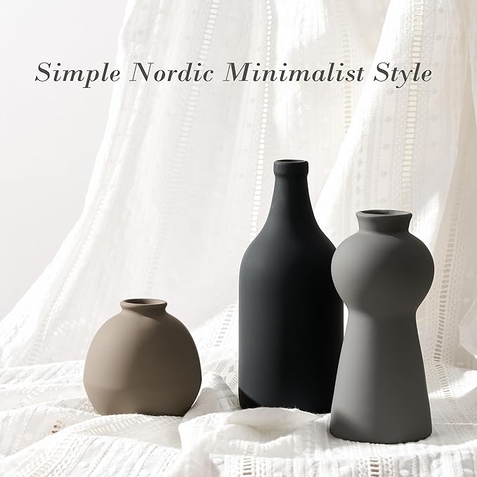 Ceramic Vase Set of 3, Nordic Minimalist Multicolor Vases Home Decor, Rustic Farmhouse Decor Pottery Vases for Bouquet Pampas Grass Dried Fresh Flowers, Living Room, Kitchen, Bedroom, Entryway Mantel