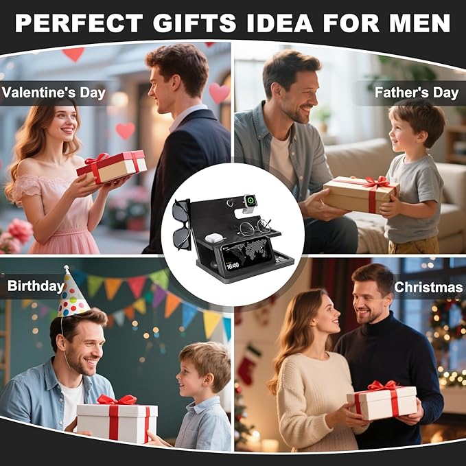 Gifts for Men 3-in-1 Charging Stand Compatible with iPhone 16 Charger Station, Nightstand Organizer Wood, Fathers Day Perfect for Dad Husband Boyfriend Son, for iPhone 16/15/14/13/12 and Pro, Watch