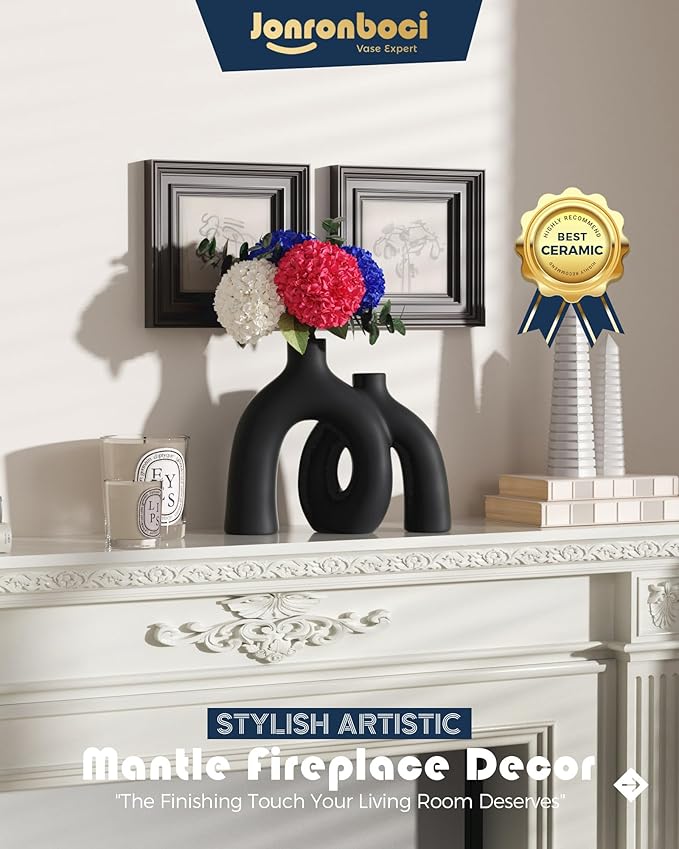 Matte Black Vase Set - Hug Hollow Donut Aesthetic Ceramic Vases Home Decor, Modern Nordic Minimalist Decorative Vase for Table Centerpiece Bookshelf Office Entryway Console Fireplace (Black)