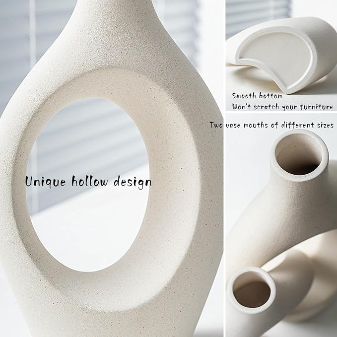 XL Cream White Snuggle Hollow Ceramic Vase of 2 for Coffee Table Decor, Modern Minimalist Aesthetic Donut Floral Vases, for Home Living Room Entryway Table Shelves Decorative (W 6.8" X H 11")