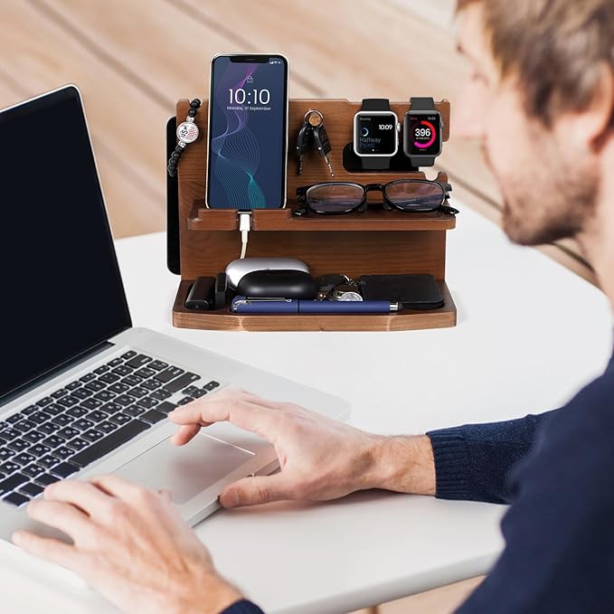 Gifts for Men Desk or Nightstand Organizer - Wood Phone Docking Station - Birthday Gifts for Husband, Fathers Day for Dad - Anniversary Idea from Wife - Key Holder, Stand Wallet, Watch & Essentials