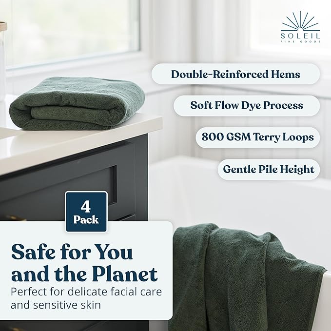 Soleil Fine Goods Luxurious 800 GSM 100% Cotton Bath Towel Set (4-Pack, 27x54) - Heavyweight & Ultra Absorbent, Plush Softness for Bathroom | Hotel & Spa Quality Luxury Towels- Forest