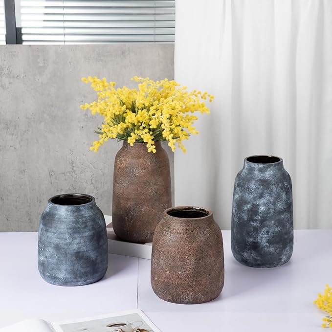 Briful Tall Rustic Ceramic Vase 9.6” – Vintage Distressed Pottery Flower Vase with Antique White-Wash Finish – Farmhouse Table Decor & Shelf Accent (Not Waterproof), Brown