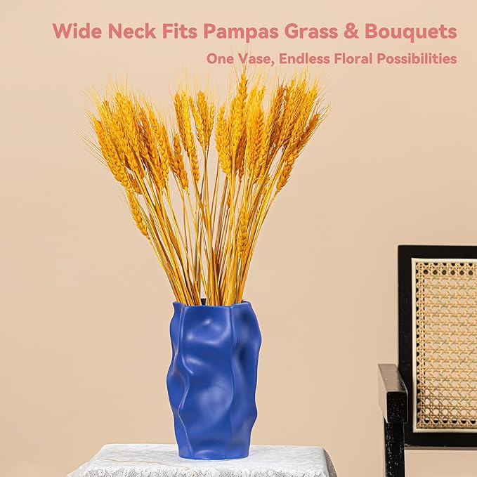 Klein Blue Ceramic Vase with Organic Wave Texture - 8.3" Unique Flower Vase for Pampas Grass & Centerpieces, Decorative Boho/Farmhouse Vase for Living Room, Office Desk & Gift for Her/Yourself