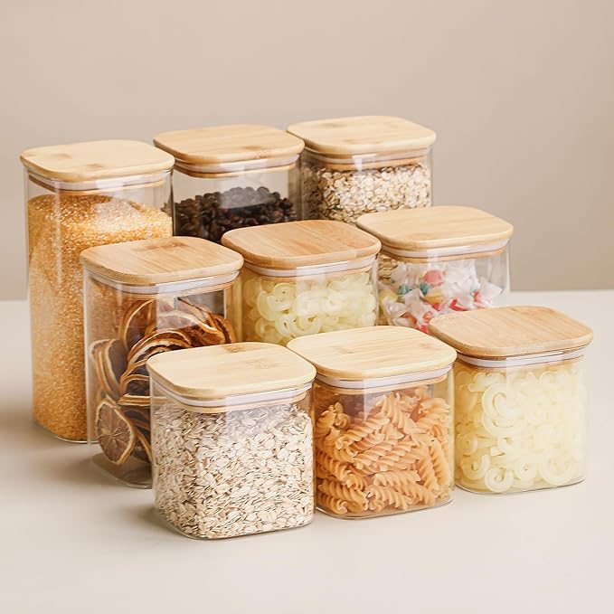 Glass Food Storage Containers with Lids 4 Pack, 4 Inch Wide Mouth 25 Oz High Borosilicate Glass Jars for Coffee Bean, Candy, Cookie, Flour, Square