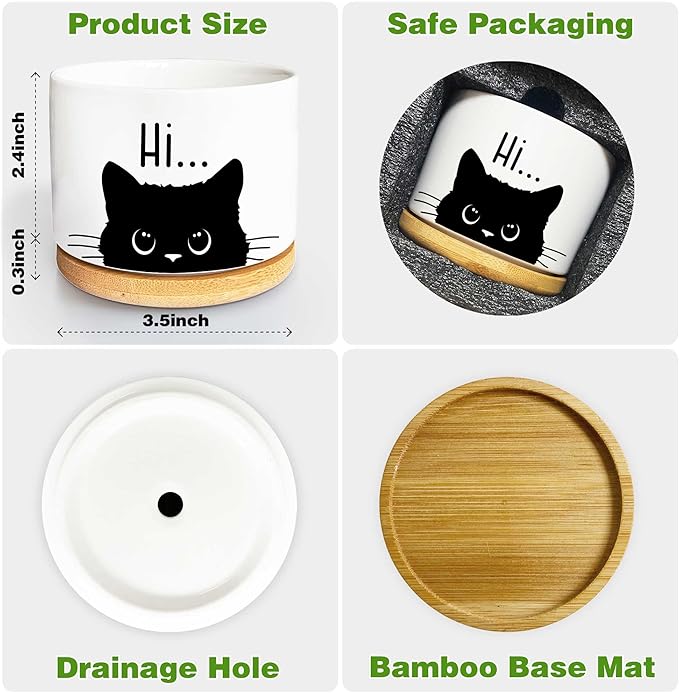 Kwtzkuo® Black Cat Ceramic Pot with Drainage Hole, Cat Planter Succulent Plant Flower Pot, Home Office Decoration for Plant Lovers Friends, Funny Cat Planter for Cat Lover